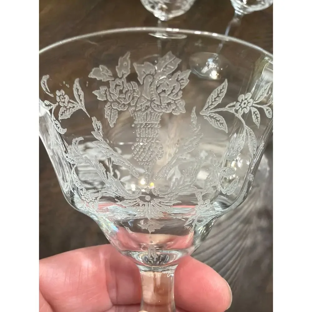 Vintage Etched Champagne Coupe Glasses Set of 7 Floral Wheat Stemware 5.75